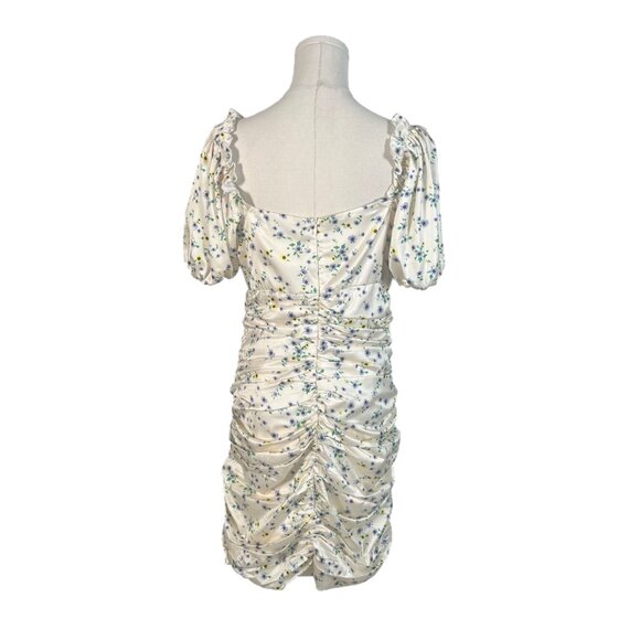 70/21 Satin Off White Floral Ruched Puff Short Sleeve Dress Size Medium - Picture 3 of 5